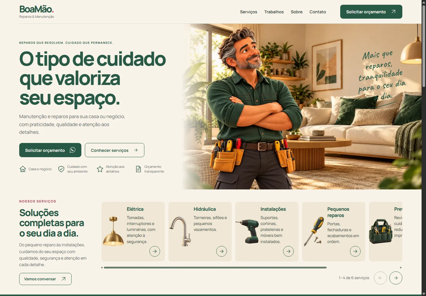 Página inicial do demo BoaMão, de manutenção e reparos, com personagem ilustrado e identidade em verde e creme