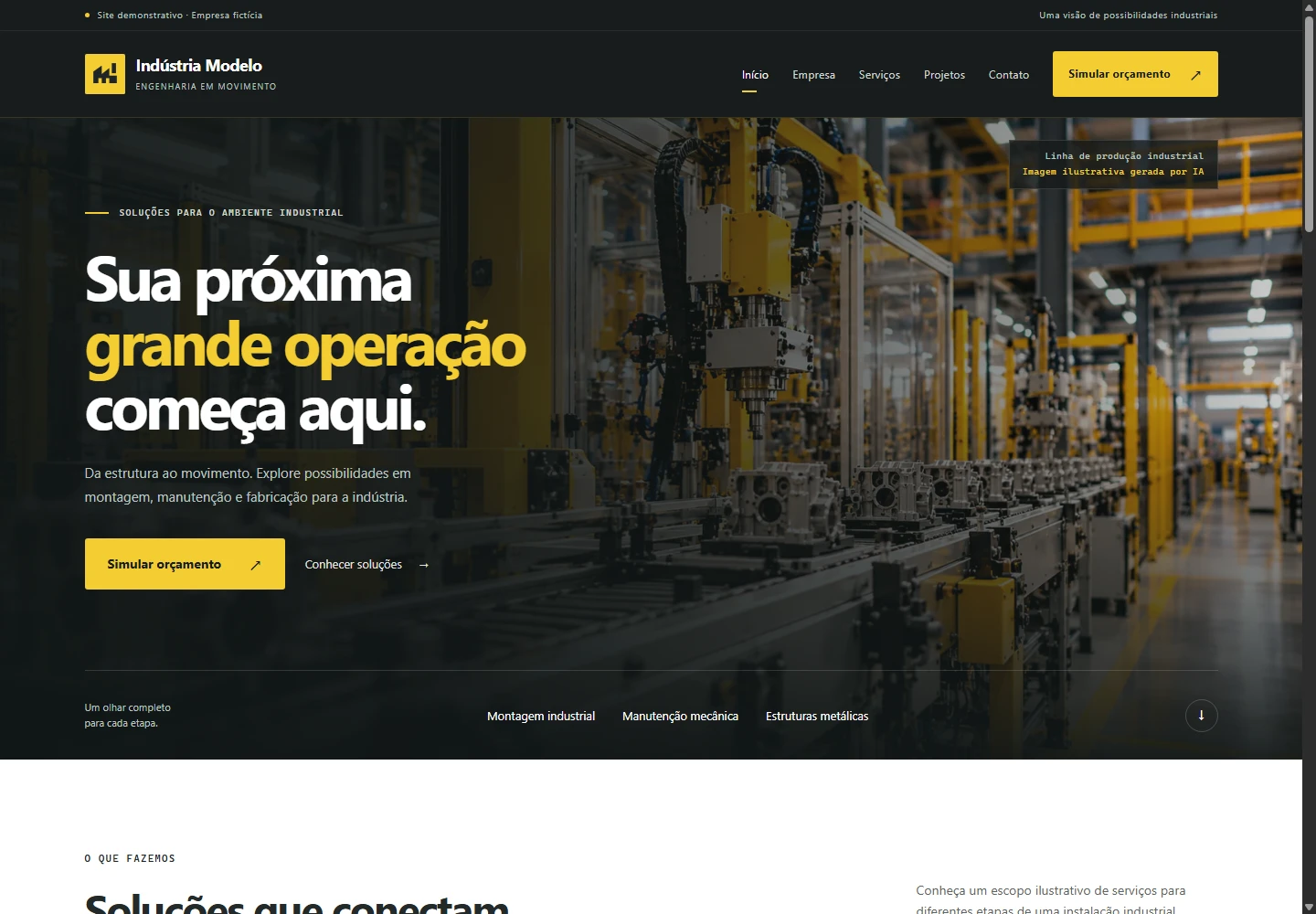 Site demonstrativo industrial com título Sua próxima grande operação começa aqui e imagem de uma linha de produção